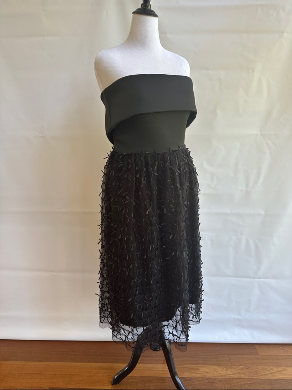Strapless Black Midi Dress with Textured Skirt